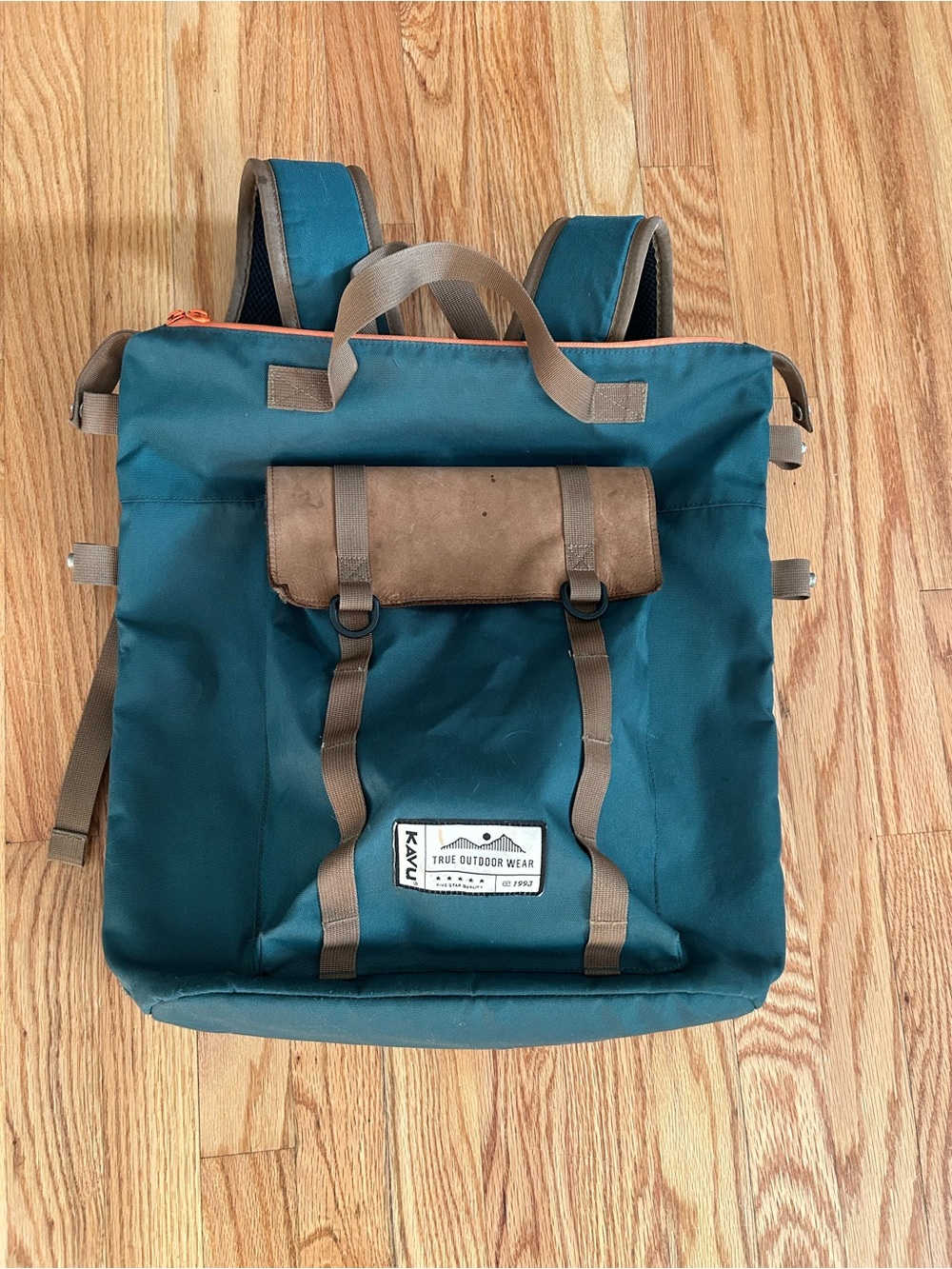 Kavu Teal Roll-Top Backpack with Brown Trim